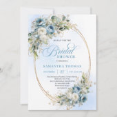 Chic Dusty Blue Flowers Gold Bridal Shower Invite 招待状 (正面)