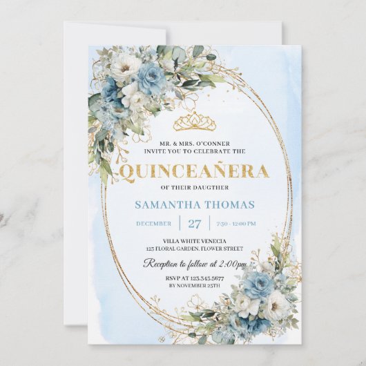 Chic Dusty Blue Gold Greenery Quince 15 Invitation 招待状 (正面)