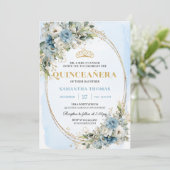 Chic Dusty Blue Gold Greenery Quince 15 Invitation 招待状 (スタンド正面)