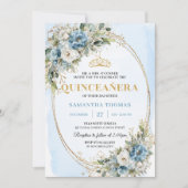 Chic Dusty Blue Gold Greenery Quinceañera Invite 招待状 (正面)