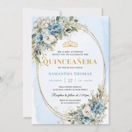 Chic Dusty Blue Gold Greenery Quinceañera Invite 招待状 (正面)