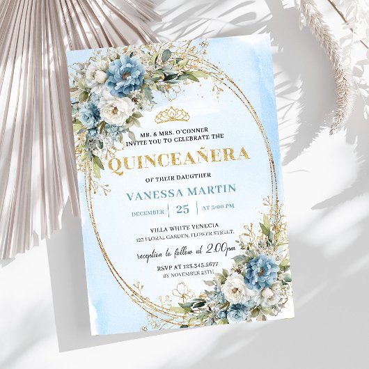 Chic Dusty Blue Gold Greenery Quinceañera Invite 招待状