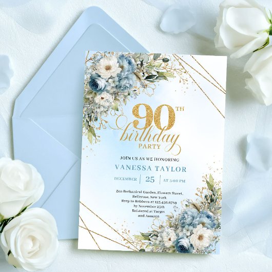 Chic Dusty Blue Gold Script 90th Birthday Invite 招待状