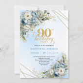 Chic Dusty Blue Gold Script 90th Birthday Invite 招待状 (正面)