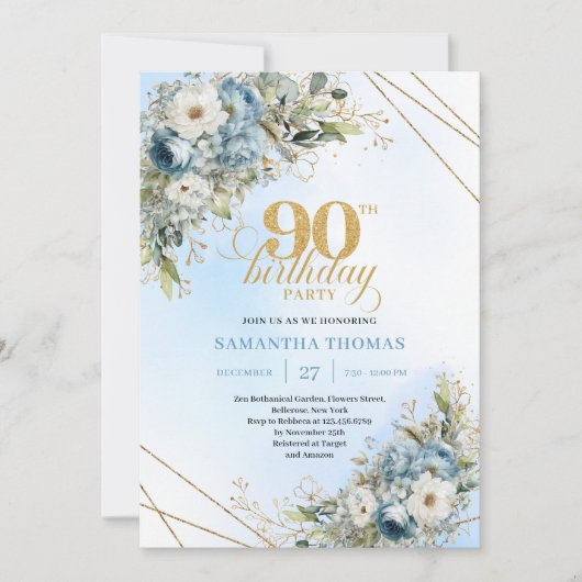 Chic Dusty Blue Gold Script 90th Birthday Invite 招待状 (正面)