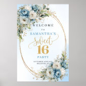 Chic Dusty Blue Greenery Sweet 16 Welcome ポスター (正面)