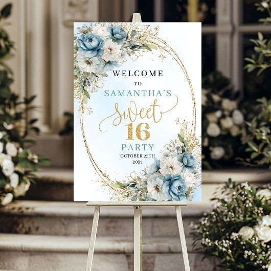 Chic Dusty Blue Greenery Sweet 16 Welcome ポスター