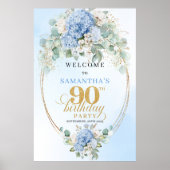Chic Dusty Blue Hydrangeas 90th Birthday Welcome ポスター (正面)