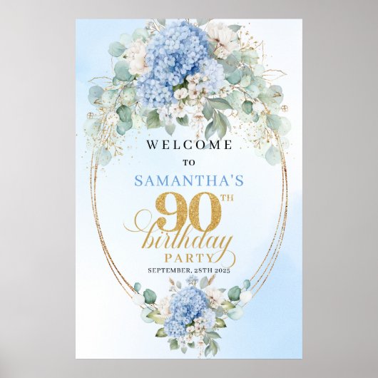 Chic Dusty Blue Hydrangeas 90th Birthday Welcome ポスター (正面)