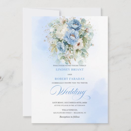 Chic Dusty Blue Peony Botanical Gold Wedding Invit 招待状 (正面)