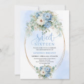 Chic Dusty Blue Peony Eucalyptus 16th Birthday  招待状 (正面)