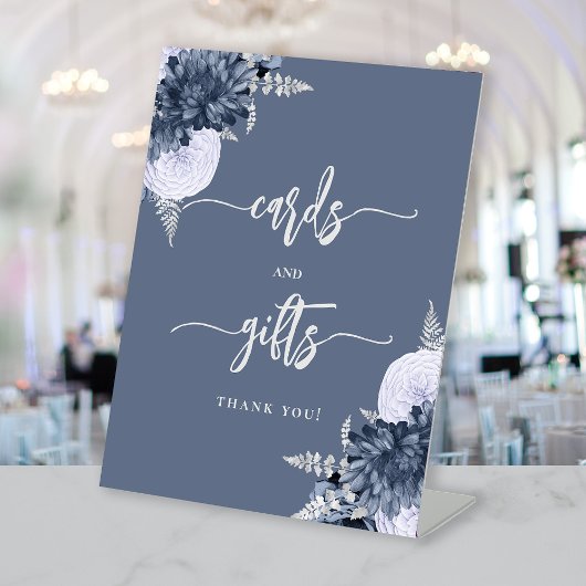 Chic Dusty Blue Silver Floral Wedding Cards Gifts 台座サイン