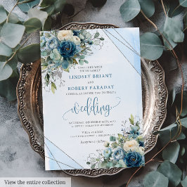 Chic Dusty Blue Silver Roses Wedding Invitation 招待状