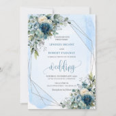 Chic Dusty Blue Silver Roses Wedding Invitation 招待状 (正面)