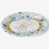Chic Dusty Blue Sweet Sixteen Gold Glitter Plates ペーパープレート (アングル)
