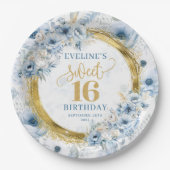 Chic Dusty Blue Sweet Sixteen Gold Glitter Plates ペーパープレート (正面)