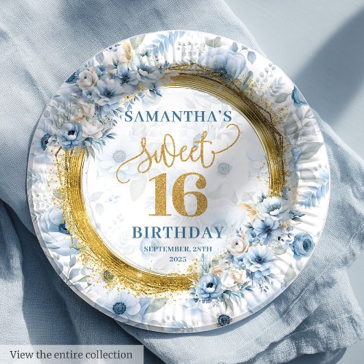 Chic Dusty Blue Sweet Sixteen Gold Glitter Plates ペーパープレート