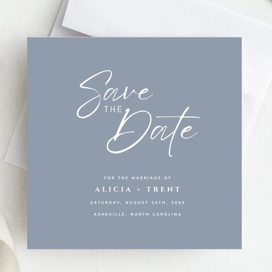 Chic Dusty Blue & White Calligraphy Save the Date 招待状