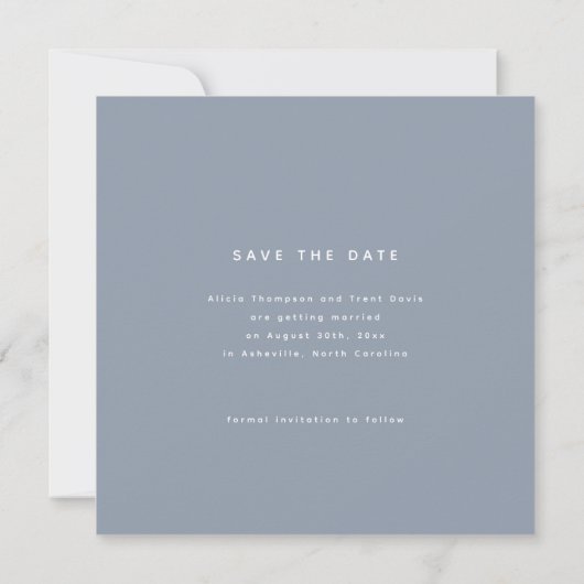 Chic Dusty Blue & White Calligraphy Save the Date 招待状 (裏面)