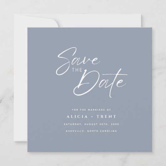 Chic Dusty Blue & White Calligraphy Save the Date 招待状 (正面)
