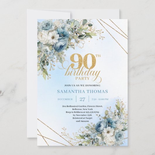 Chic Dusty Blue White Flowers 90th Birthday Invite 招待状 (正面)