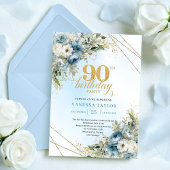 Chic Dusty Blue White Flowers 90th Birthday Invite 招待状