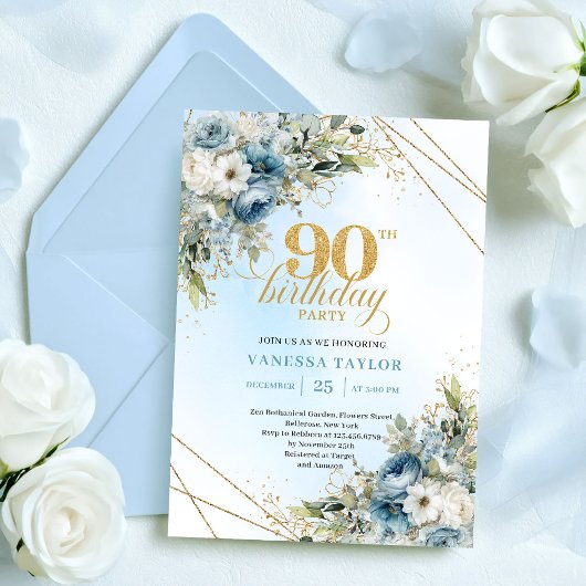 Chic Dusty Blue White Flowers 90th Birthday Invite 招待状