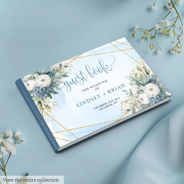 Chic Dusty Blue White Gold Floral Guest Book ゲストブック