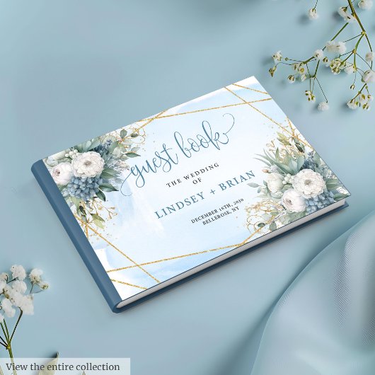 Chic Dusty Blue White Gold Floral Guest Book ゲストブック