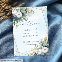 Chic Dusty Blue White Gold Floral Save The Date 招待状