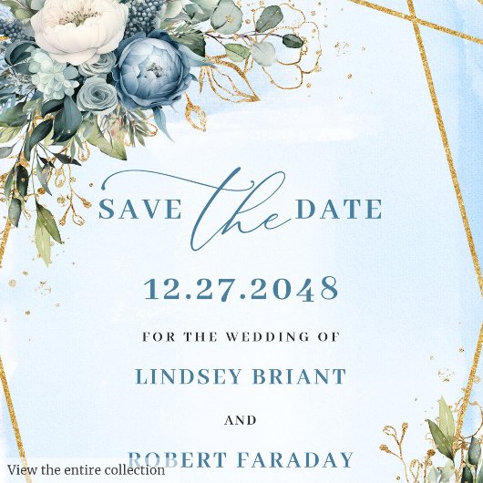 Chic Dusty Blue White Gold Floral Save The Date 招待状