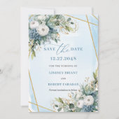 Chic Dusty Blue White Gold Floral Save The Date 招待状 (正面)