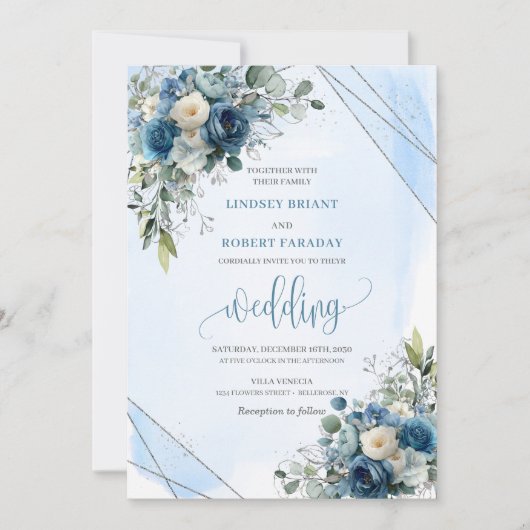 Chic Dusty Blue White Roses Silver Wedding Invites 招待状 (正面)