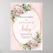 Chic Dusty Pink Floral Baby Shower Welcome Sign ポスター (正面)