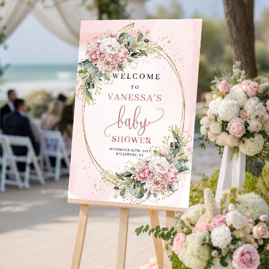 Chic Dusty Pink Floral Baby Shower Welcome Sign ポスター