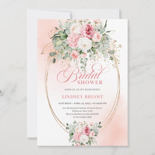 Chic Dusty Pink Floral Bridal Shower Invitation 招待状 (正面)