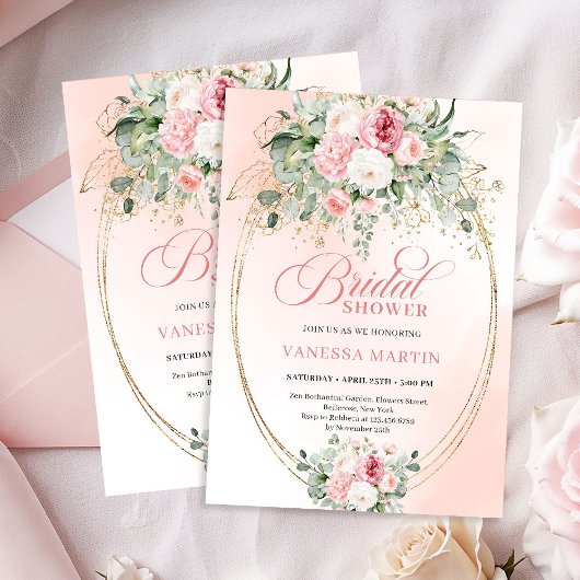 Chic Dusty Pink Floral Bridal Shower Invitation 招待状