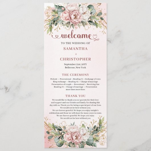 Chic Dusty Pink Floral Eucalyptus Wedding Program プログラム (正面)