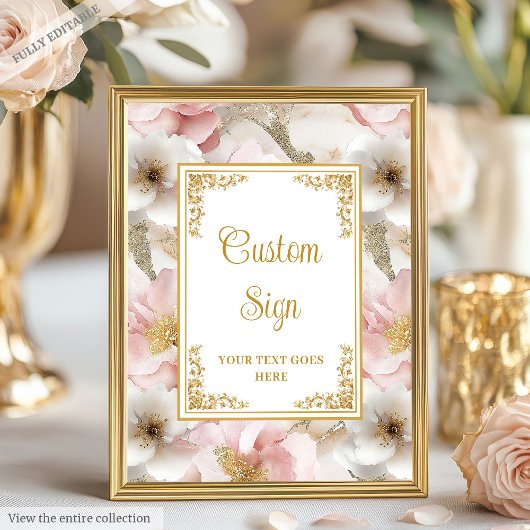 Chic dusty pink flowers and gold wedding 8x10 sign ポスター