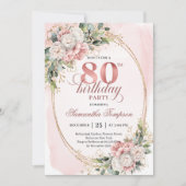 Chic Dusty Pink Flowers Eucalyptus 80th Birthday  招待状 (正面)