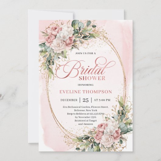 Chic Dusty Pink Greenery Bridal Shower Invitation 招待状 (正面)