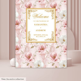 Chic dusty pink ivory floral gold wedding banner タペストリー