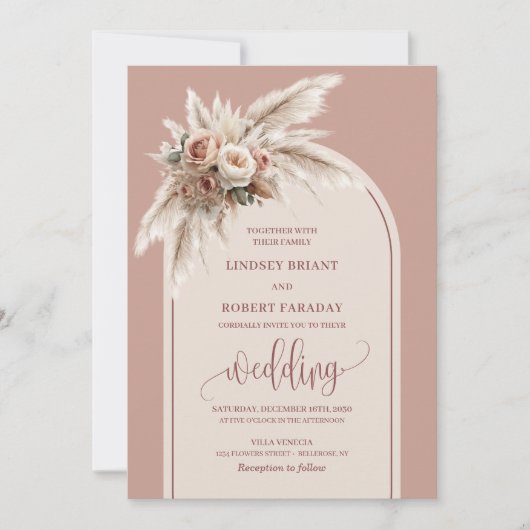 Chic Dusty Pink Pampas Floral Wedding Invitation 招待状 (正面)