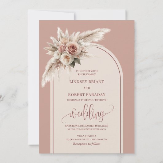 Chic Dusty Pink Pampas Roses Wedding Invitation 招待状 (正面)