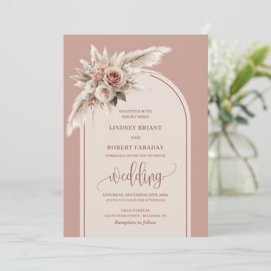 Chic Dusty Pink Pampas Roses Wedding Invitation 招待状 (スタンド正面)
