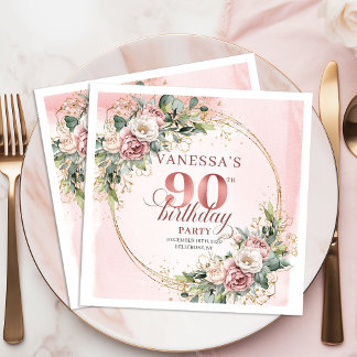 Chic Dusty Pink Rose Gold Boho 90th Birthday Party スタンダードカクテルナプキン