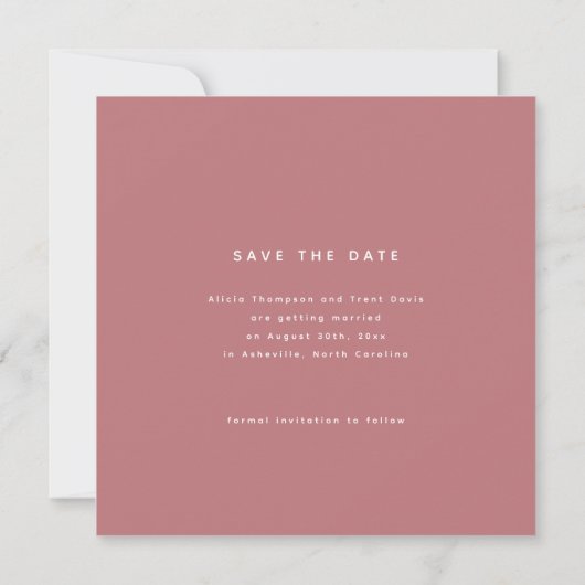 Chic Dusty Rose & White Calligraphy Save the Date 招待状 (裏面)