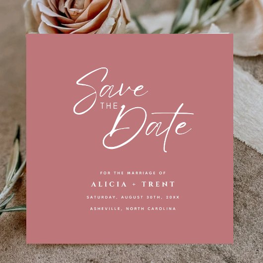 Chic Dusty Rose & White Calligraphy Save the Date 招待状