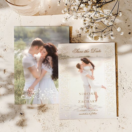 Chic Ecru Scrollwork Photo Wedding Save the Date セーブザデート