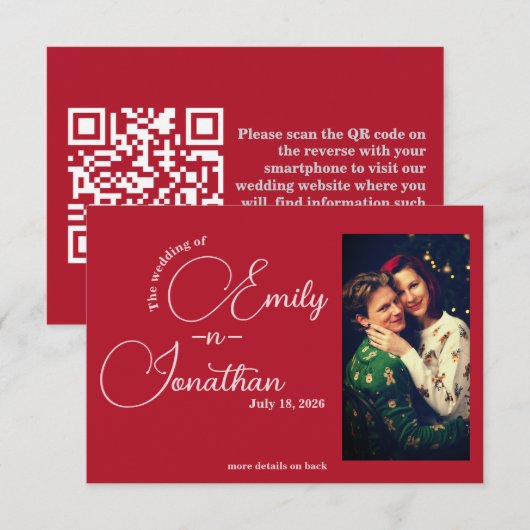 Chic Editorial Deep Red One Photo QR Code Wedding エンクロージャーカード (正面/裏面)